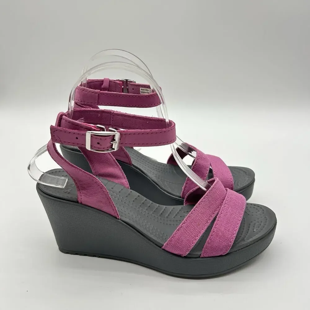 Crocs Leigh Wedge Womens 8 Sandal Wild Orchid Purple Gray Comfort Heels